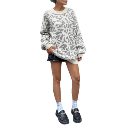 Damen Pullover Grobgestrickt Leo-Muster Eveloria