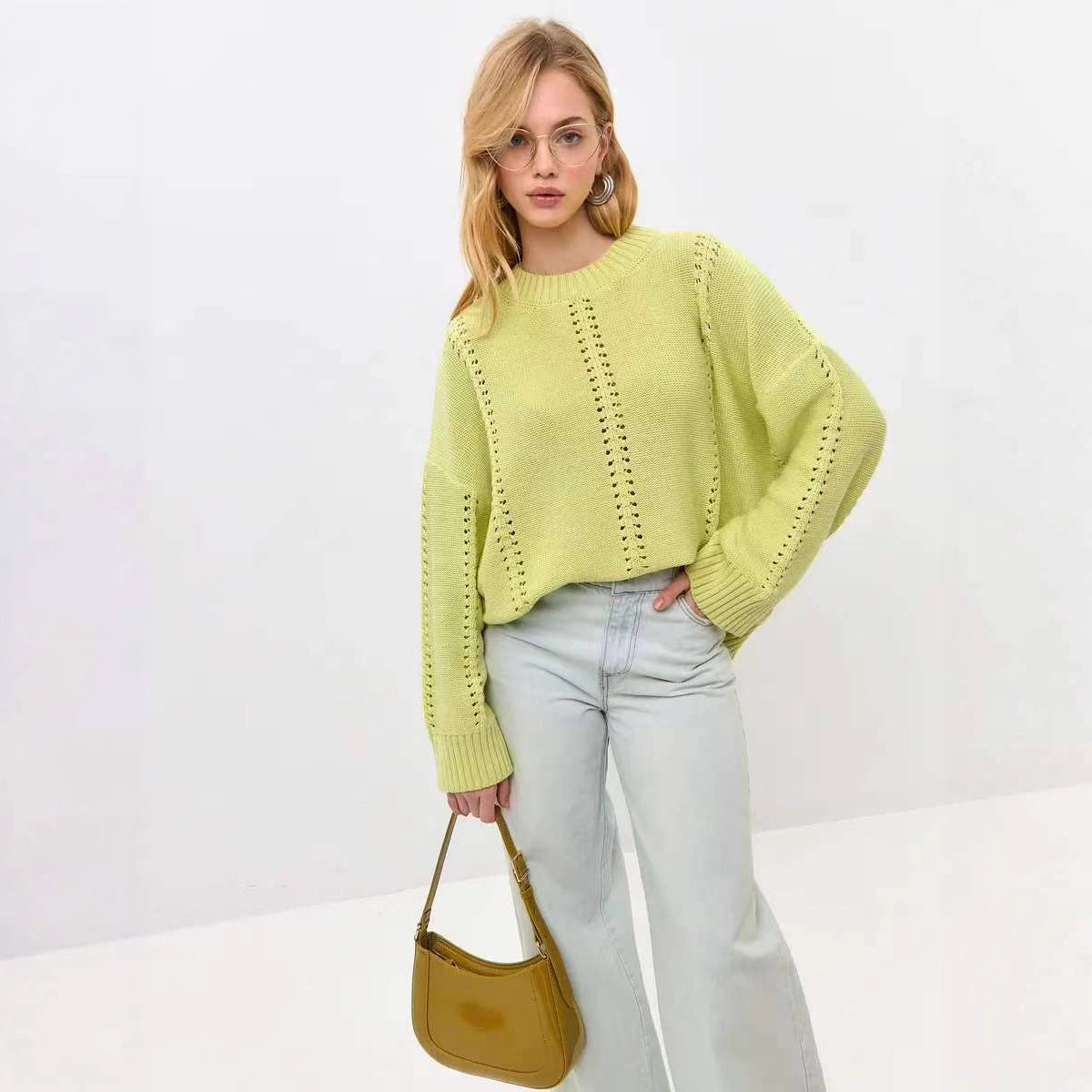 Damen Strickpullover Voluminöse Ärmel Dekoratives Lochmuster Eveloria