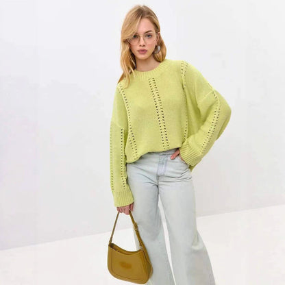 Damen Strickpullover Voluminöse Ärmel Dekoratives Lochmuster Eveloria