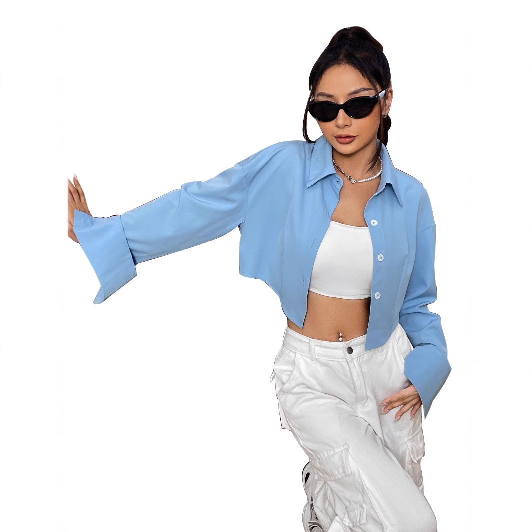 Damen Bluse Cropped mit weiten Ärmeln und Knöpfen Eleganz