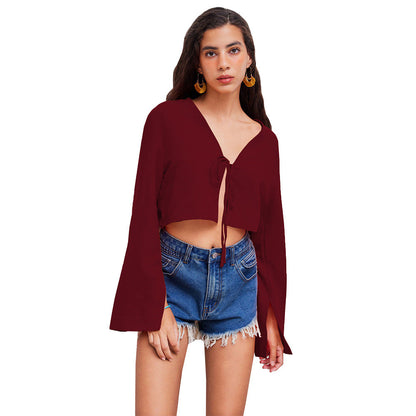 Damen Crop- V-Ausschnitt Verspielter Knoten Eveloria