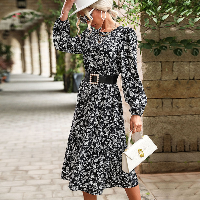 Damen Wickelkleid Midi Floralmuster Elastischer Gürtel Eveloria