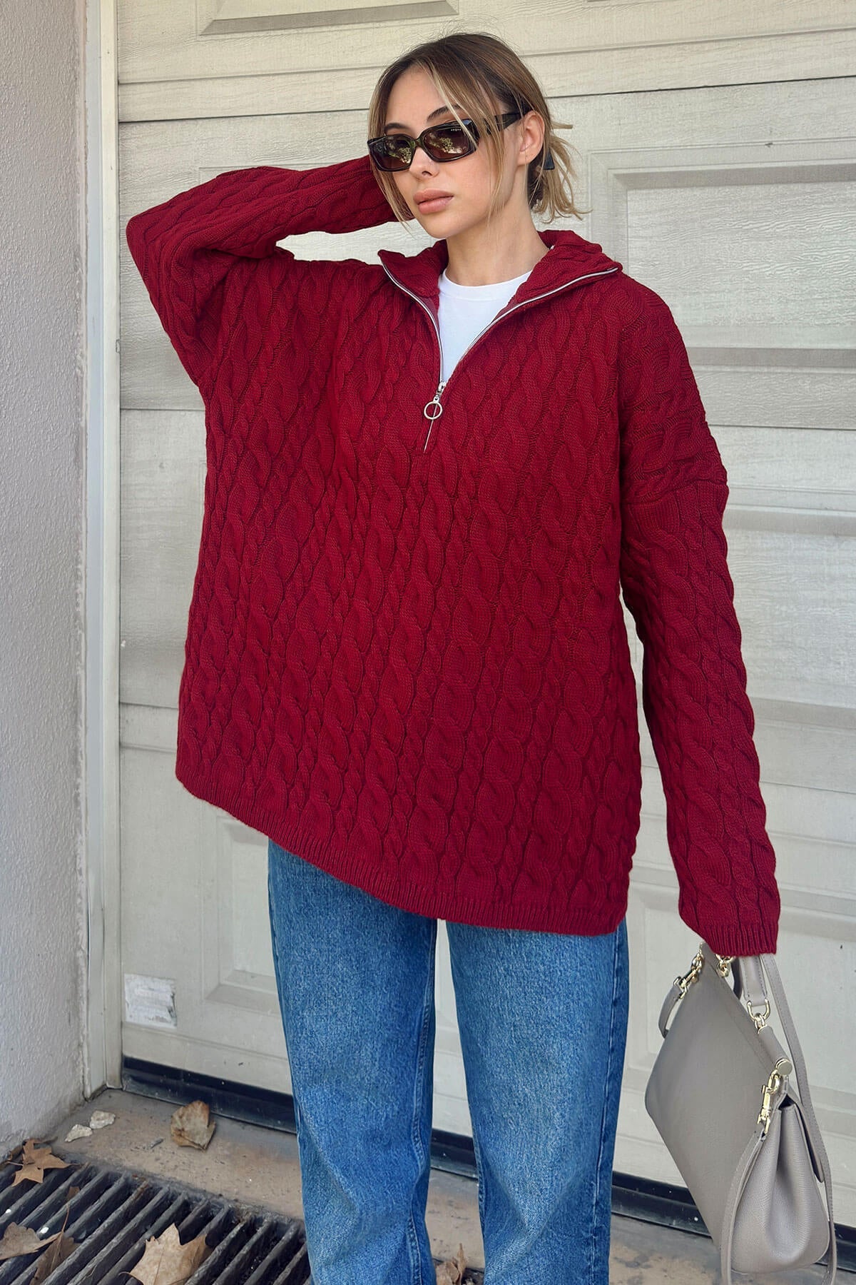 Damen Strickpullover Doppelreißverschluss Hochkragen Eveloria