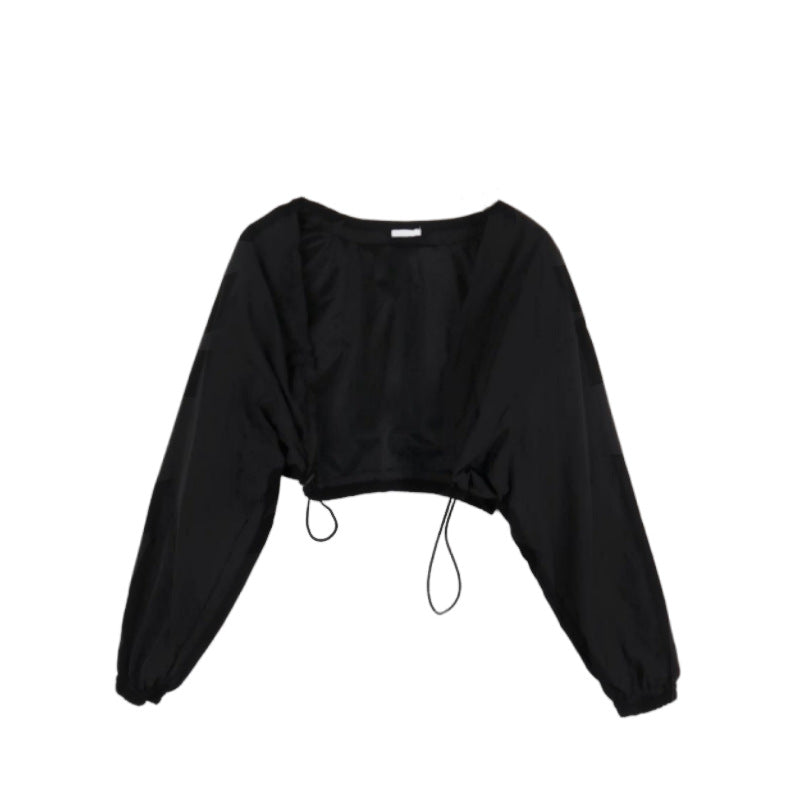 Damen Cropped Langarmbluse Rüschen Bluse Eveloria