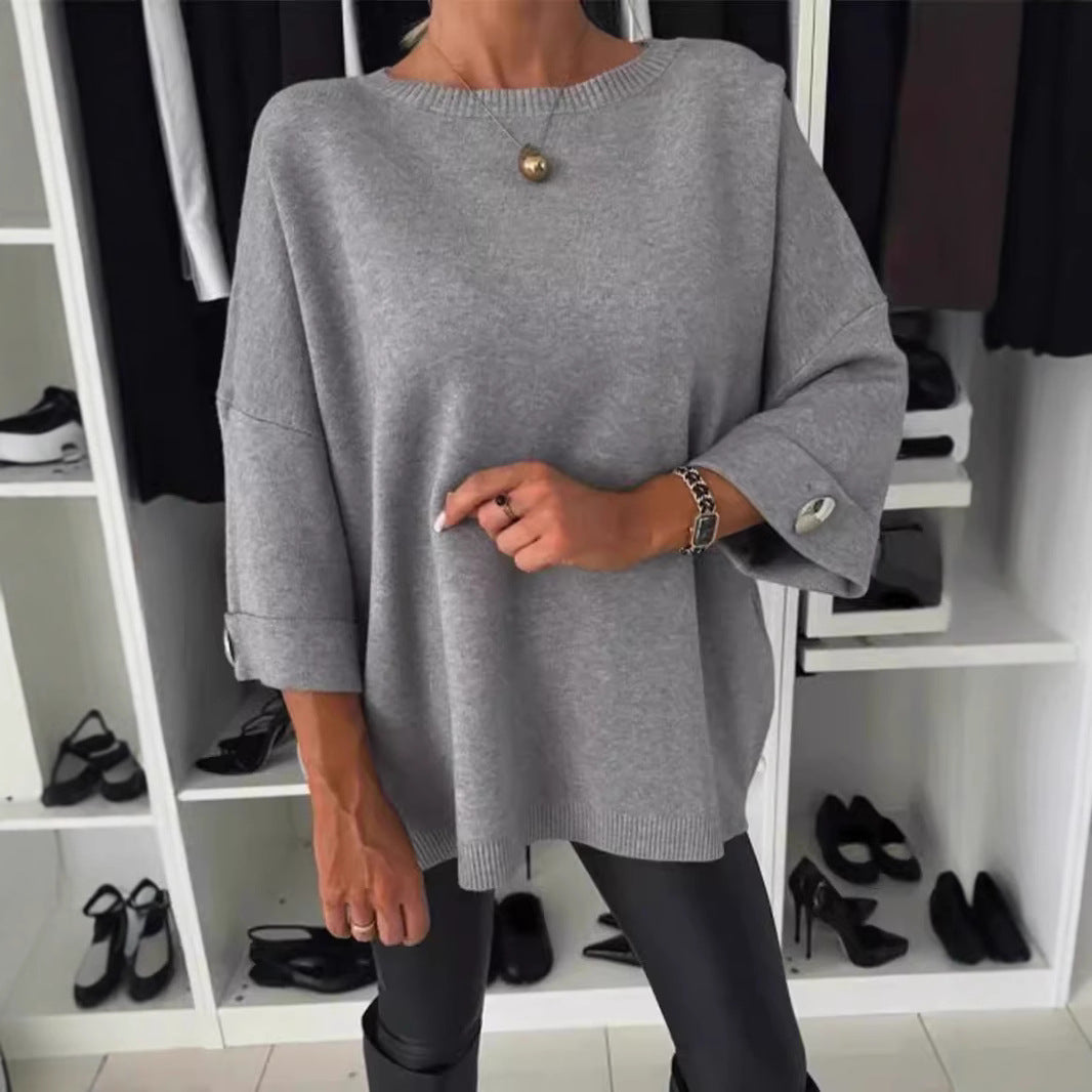 Damen Oversized Pullover mit Knopfdetails Elegantes Design Beige - Eveloria