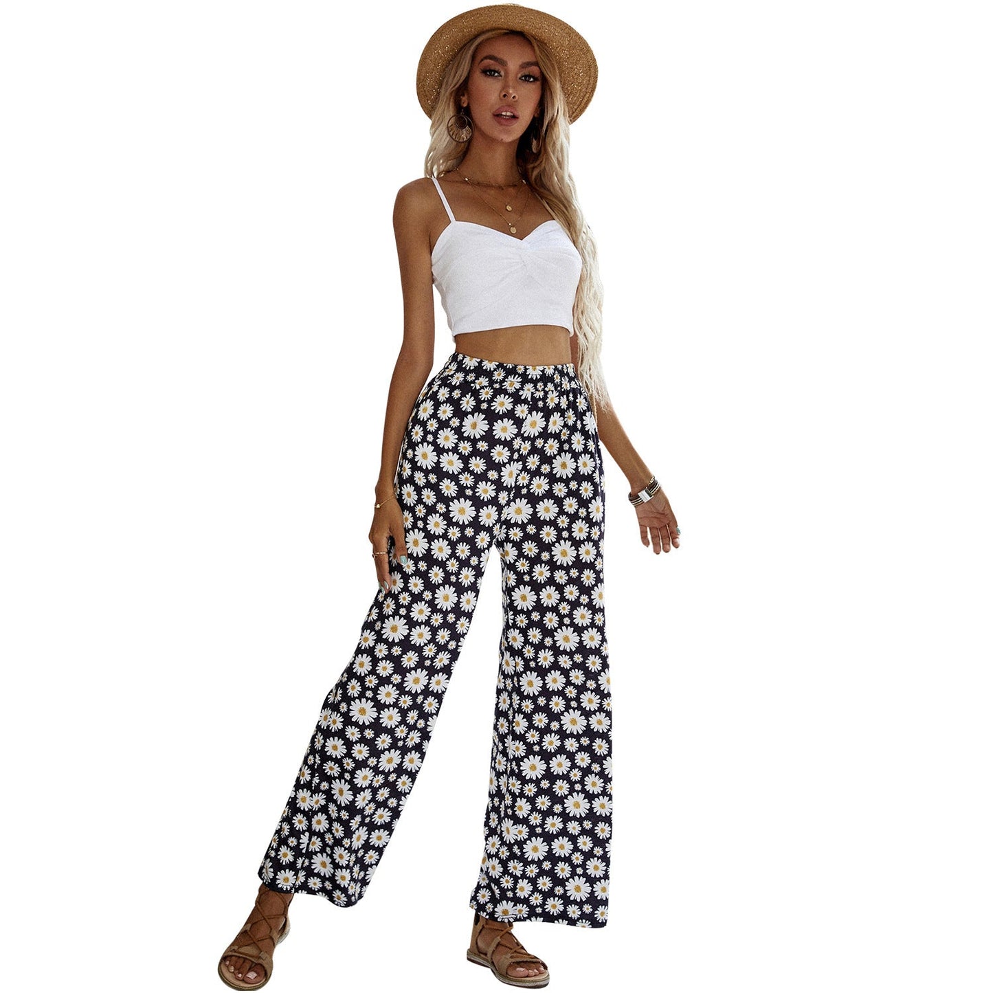 Damen Sommerhose Florales Design Elastischer Bund Beige