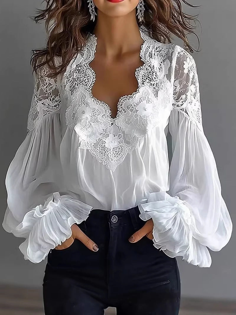 Damen Spitzenbluse mit Volumenärmeln und Blumenmuster