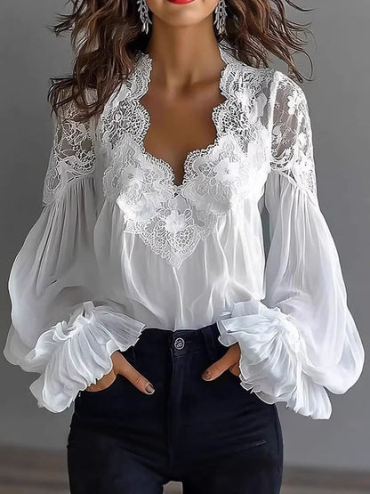 Damen Spitzenbluse mit Volumenärmeln und Blumenmuster