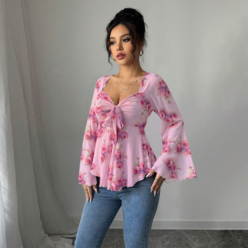Damen Bluse Fließendes Blusenshirt Florales Design Verspielter Knoten - Eveloria