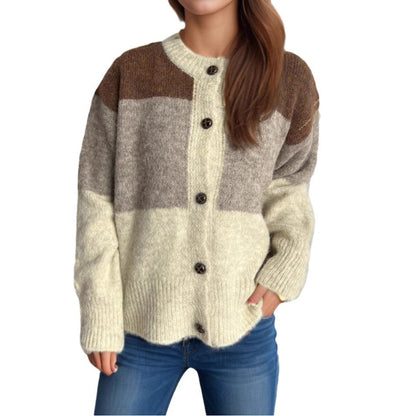 Damen Strickjacke Kuschellig Farbblockdesign Dekorative Knöpfe Beige