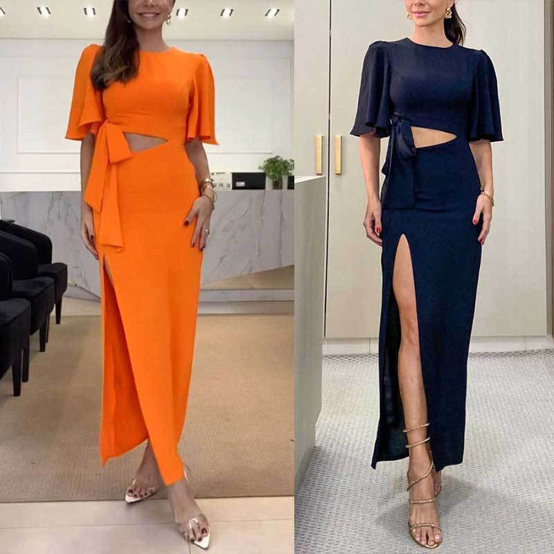 Damen Maxikleid Elegantes Schlitzdesign Fließendes Oberteil