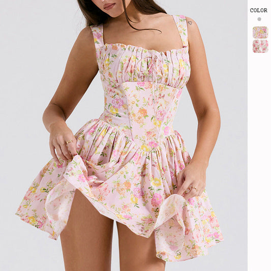 Damen Minikleid Sommer Floral Gerafft Rosa - Eveloria