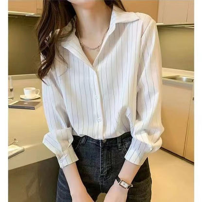 Damen Bluse Streifenmuster Umlegekragen Eveloria - Eveloria