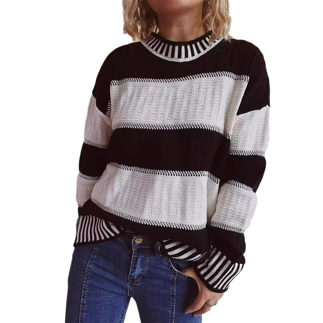 Damen Strickpullover mit Streifenmuster und hohem Bündchen