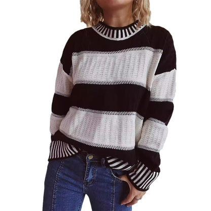 Damen Strickpullover mit Streifenmuster und hohem Bündchen
