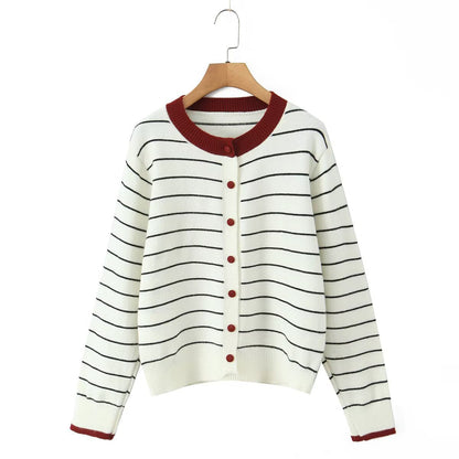 Damen Strickjacke Gestreift Rundhals Knöpfe Eveloria