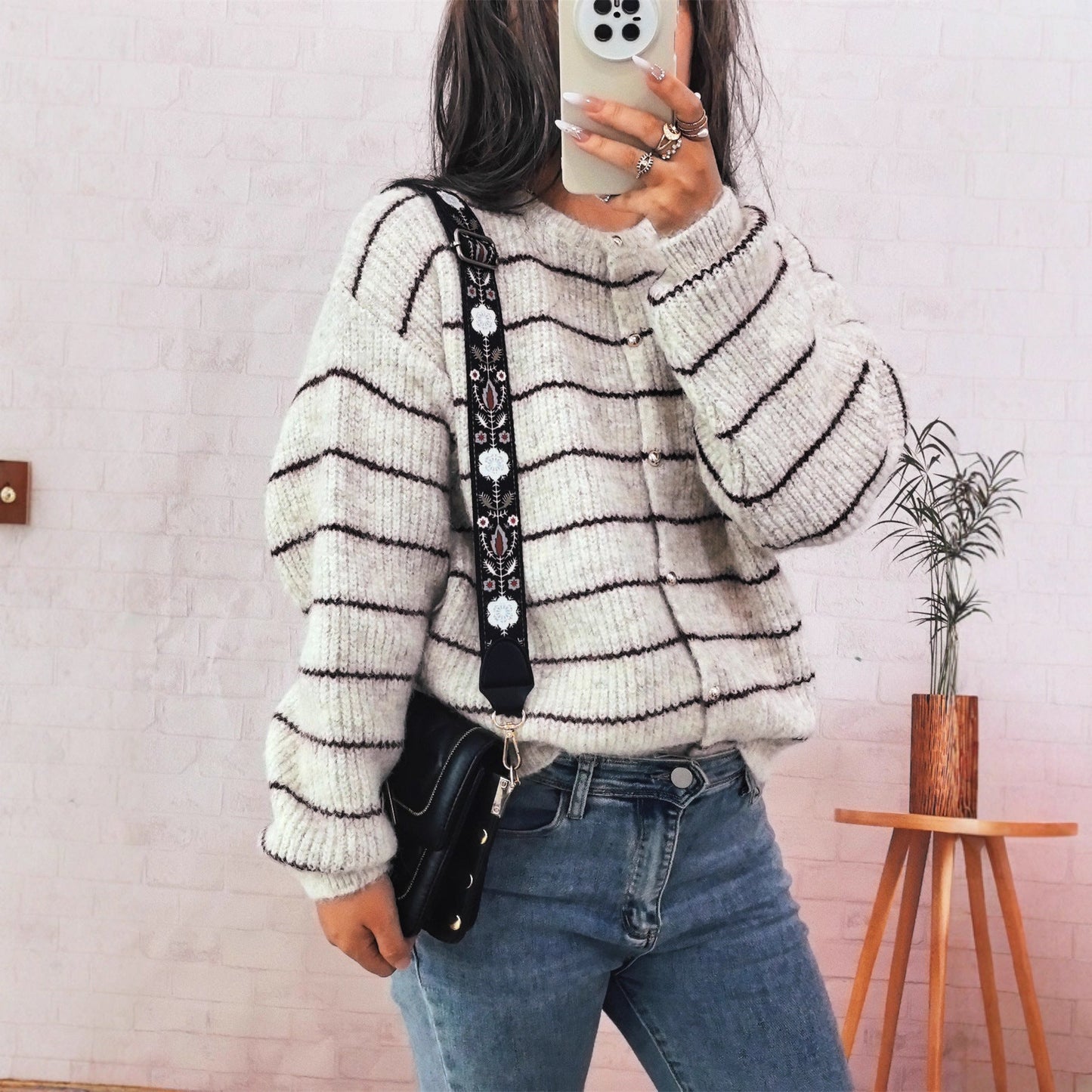 Damen Strickcardigan mit Knöpfen Streifenmuster Beige