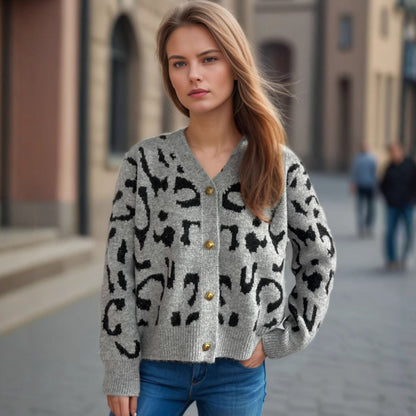 Damen Strickjacke Animalmuster Goldknöpfe Beige