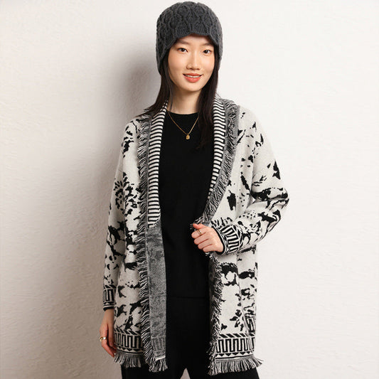 Damen Strickjacke Grafisches Muster Fransen Schwarz - Eveloria