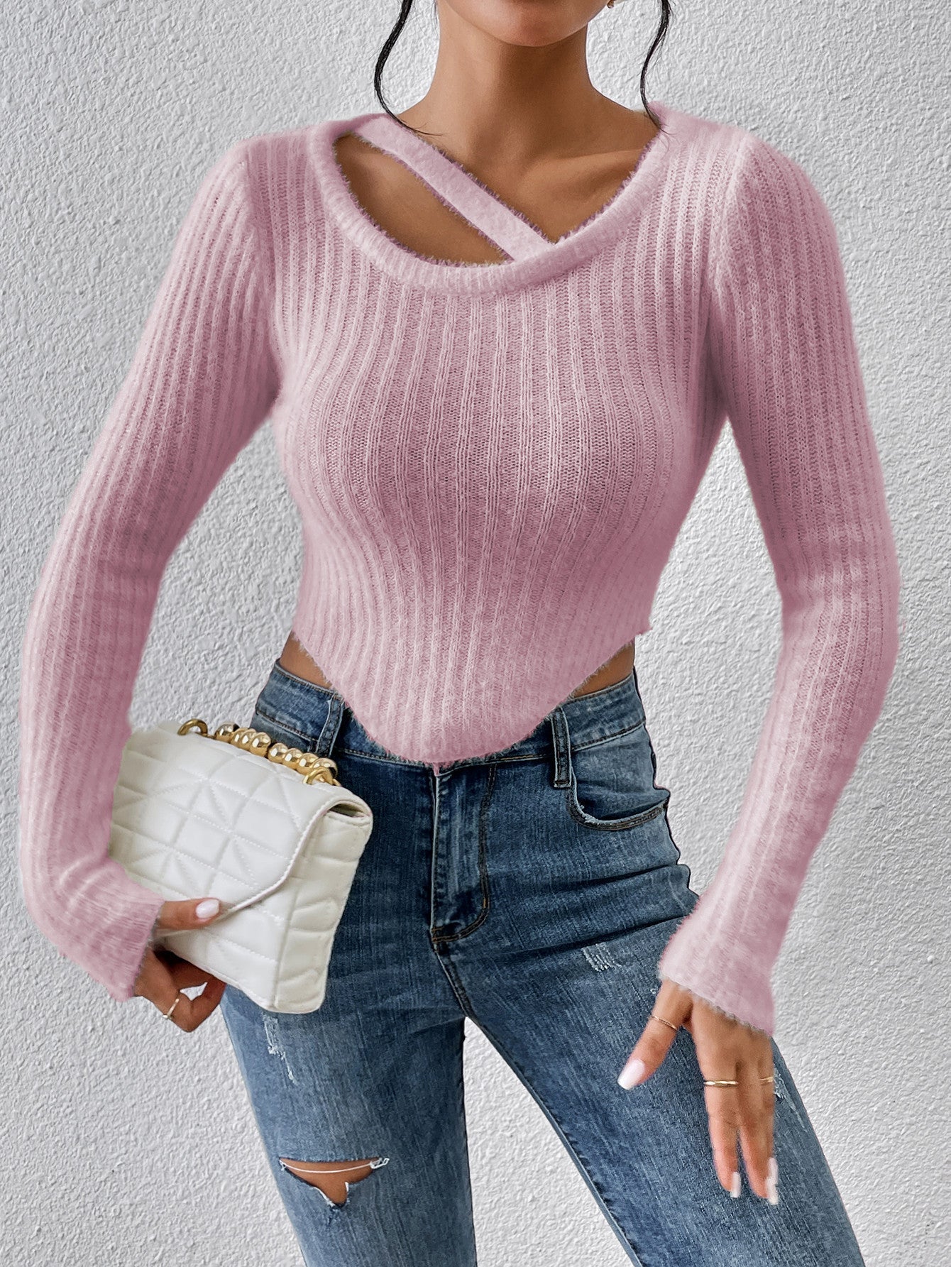 Damen Off-the-Shoulder Stricktop Elastischer Saum Beige