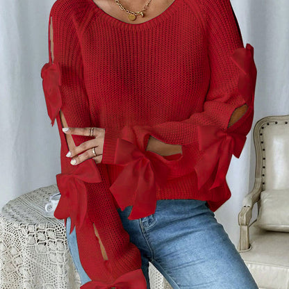 Damen Strickpullover Offene Ärmel Dekorative Schleifen Details