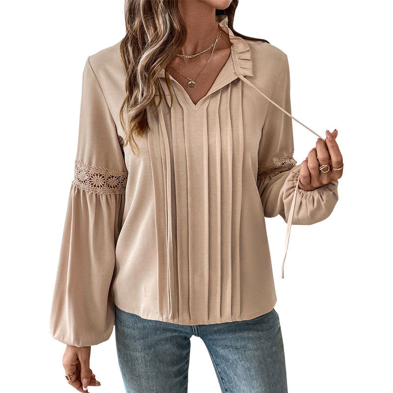 Damen Longbluse Spitzenakzente Feine Falten Elégant Weiß