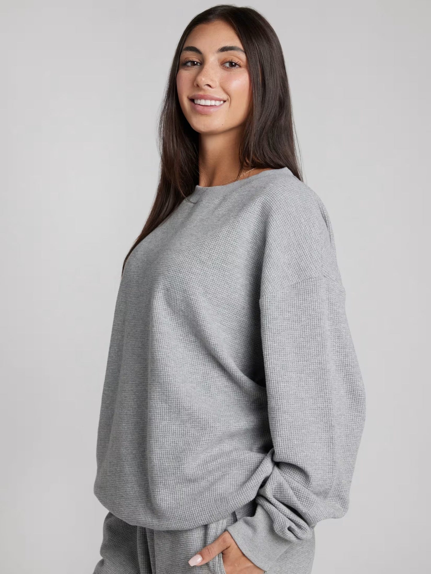 Damen Sweatshirt Waffelmuster Bequem Grau Eveloria