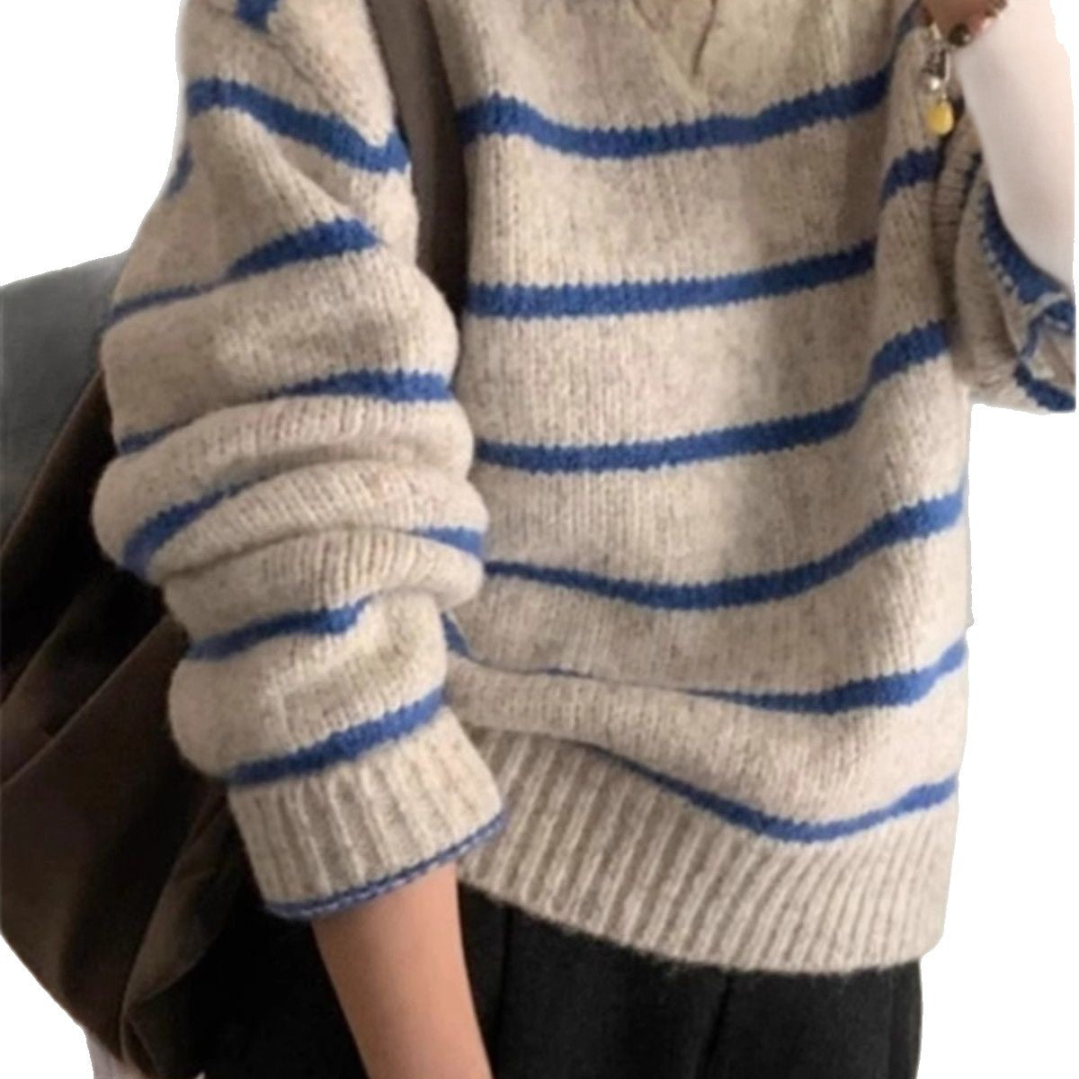 Damen Strickpullover V-Ausschnitt Streifen