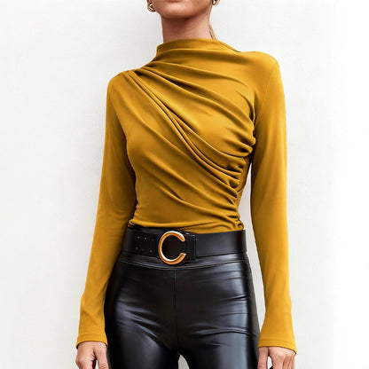 Damen Langarmshirt Stehkragen -Drapierung Elegantes Design Eveloria