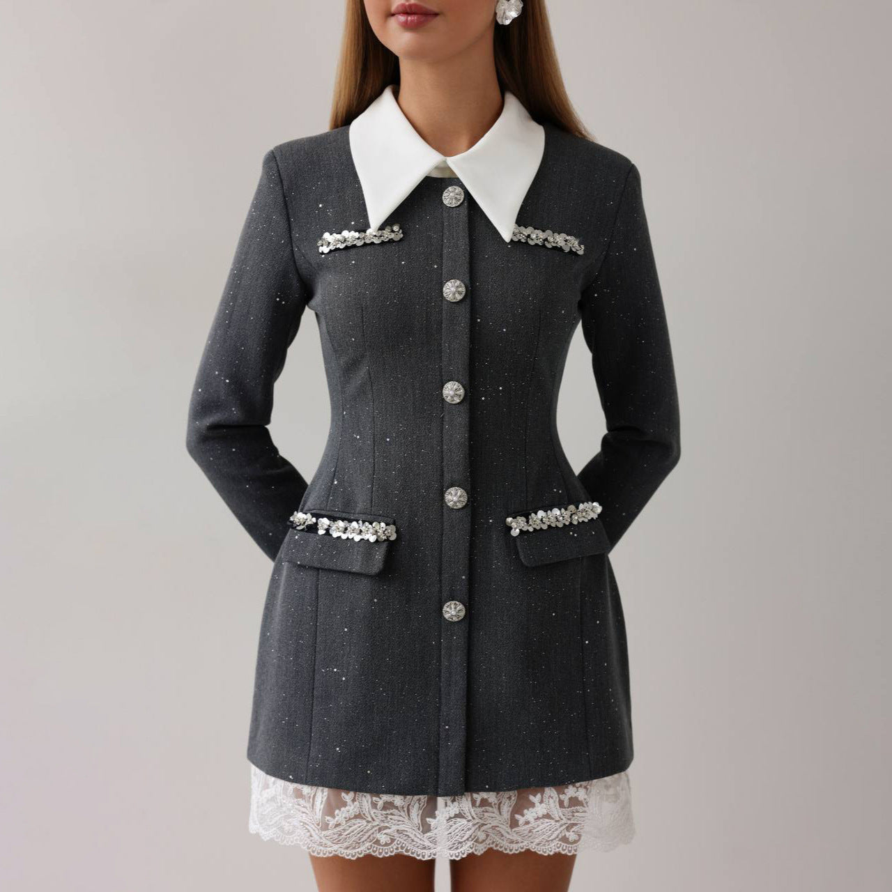 Damen Blazer-Kleid Figurbetont Dekorativ Schwarz Eveloria - Eveloria
