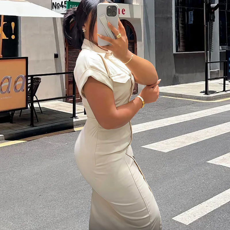 Damen Langarmkleid mit Knöpfen und Hemdkragen Eveloria