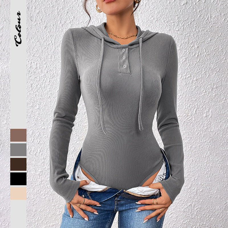 Damen Bodysuit Langarm Kapuze Rippdesign Schwarz Eveloria - Eveloria