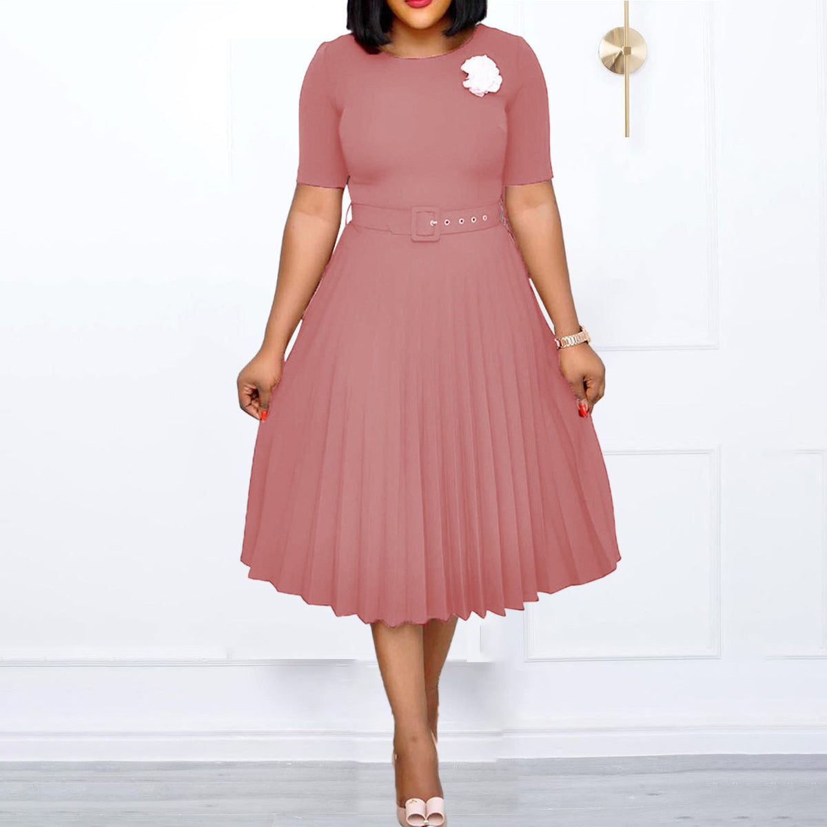 Damen Plissiertes Kleid Taillengürtel Elegantes Design