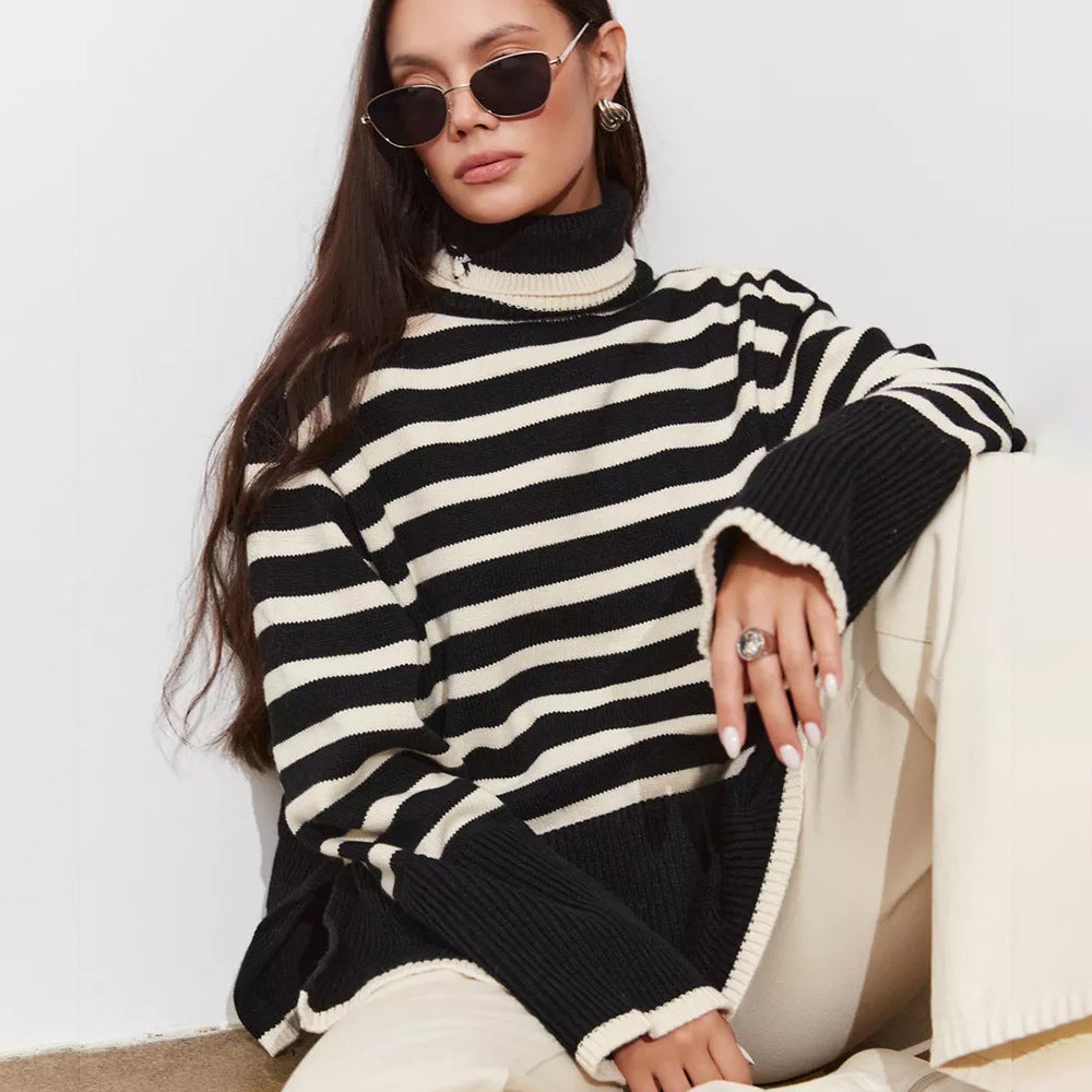 Damen Pullover Grobgestrickt Breton-Streifen Hochkragen Beige - Eveloria