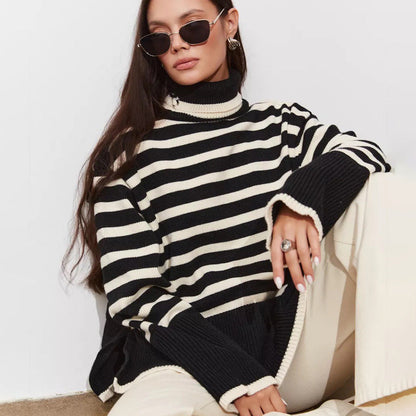 Damen Pullover Grobgestrickt Breton-Streifen Hochkragen Beige - Eveloria