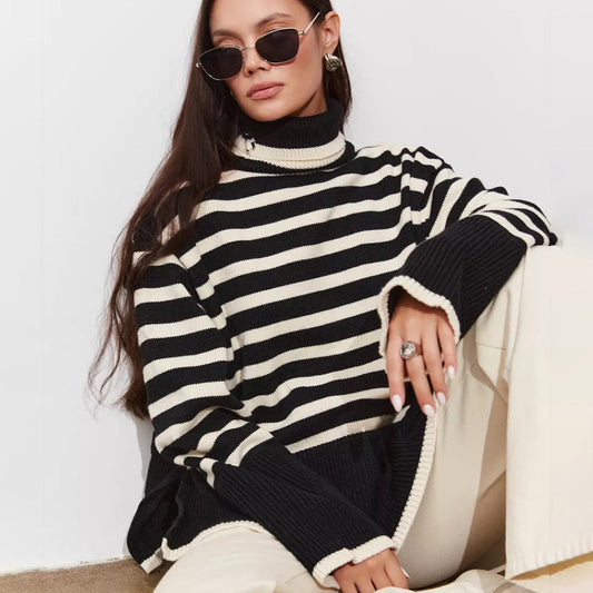Damen Pullover Grobgestrickt Breton-Streifen Hochkragen Beige - Eveloria