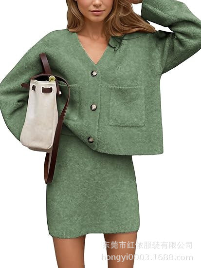Damen Strickensemble V-Ausschnitt Knopfdetail Beige