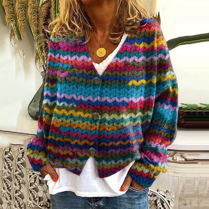 Damen Strickcardigan Bunt Streifen Knöpfe