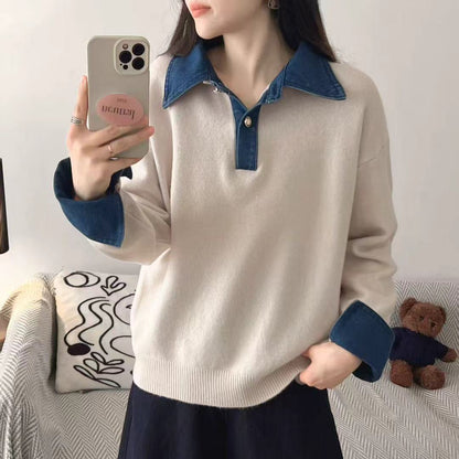 Damen Pullover Weiches Material Mit Hemdkragen Beige - Eveloria