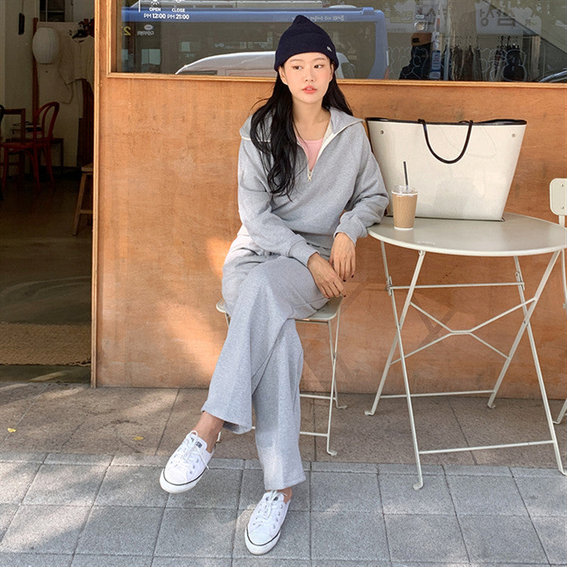 Damen Sport-Zweiteiler Set Lässiger Kragen Weite Hose Eveloria