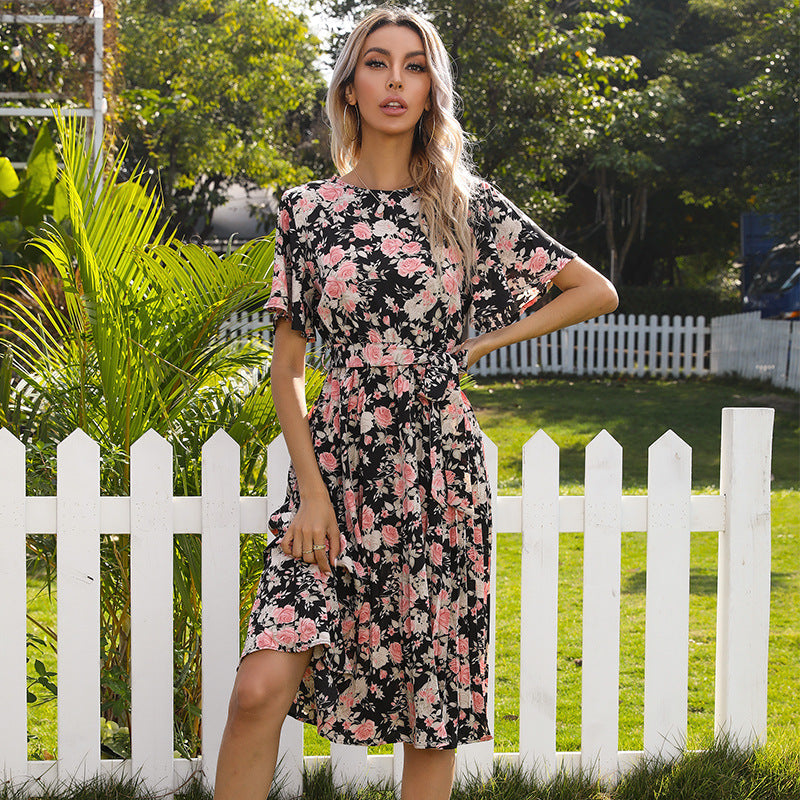 Damen Wickelkleid Sommer Floral Taillengurt Eveloria