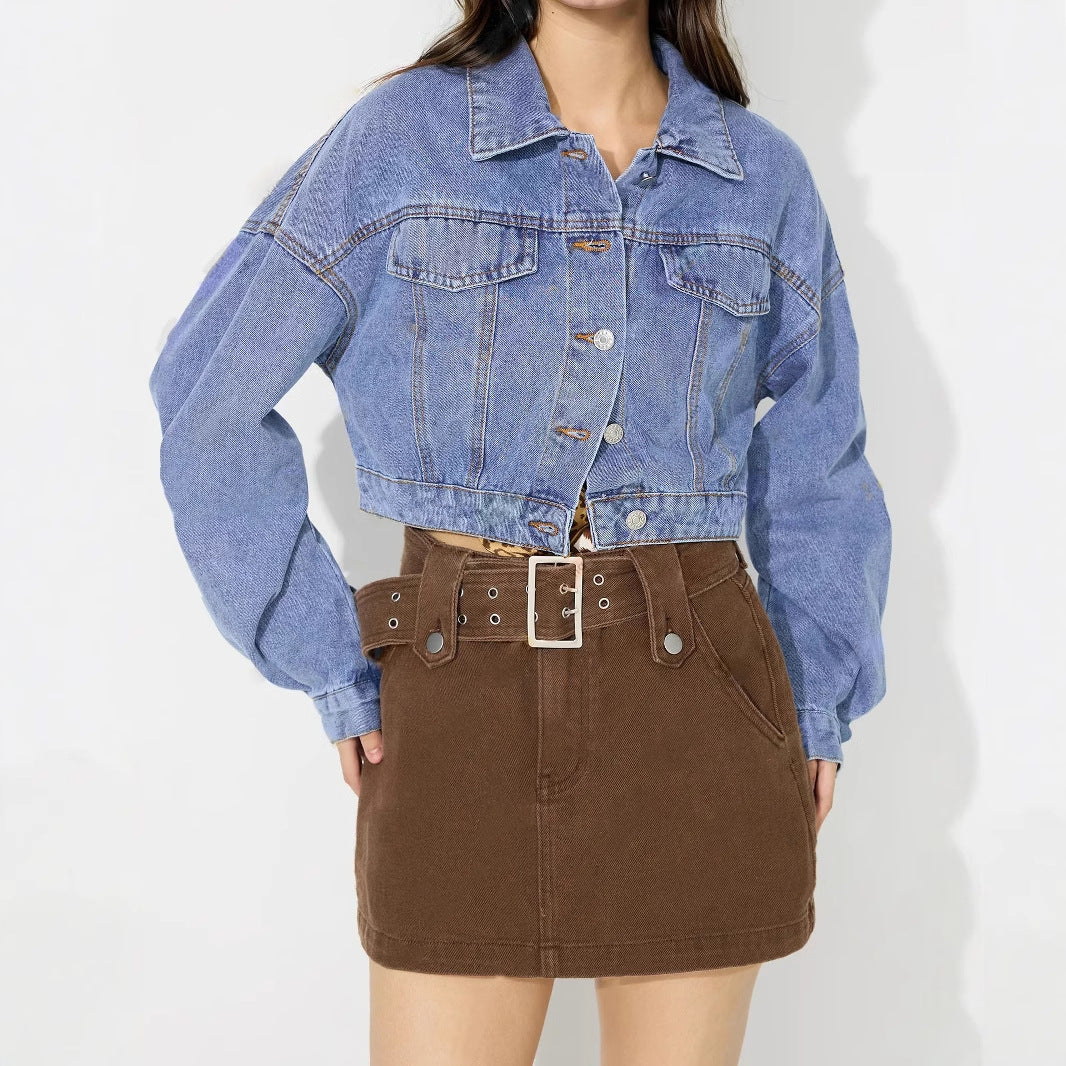 Damen Cropped Jeansjacke Voluminöse Ärmel Blau