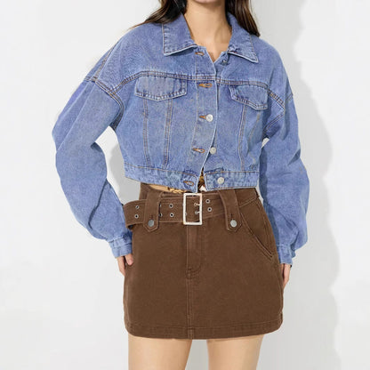 Damen Cropped Jeansjacke Voluminöse Ärmel Blau