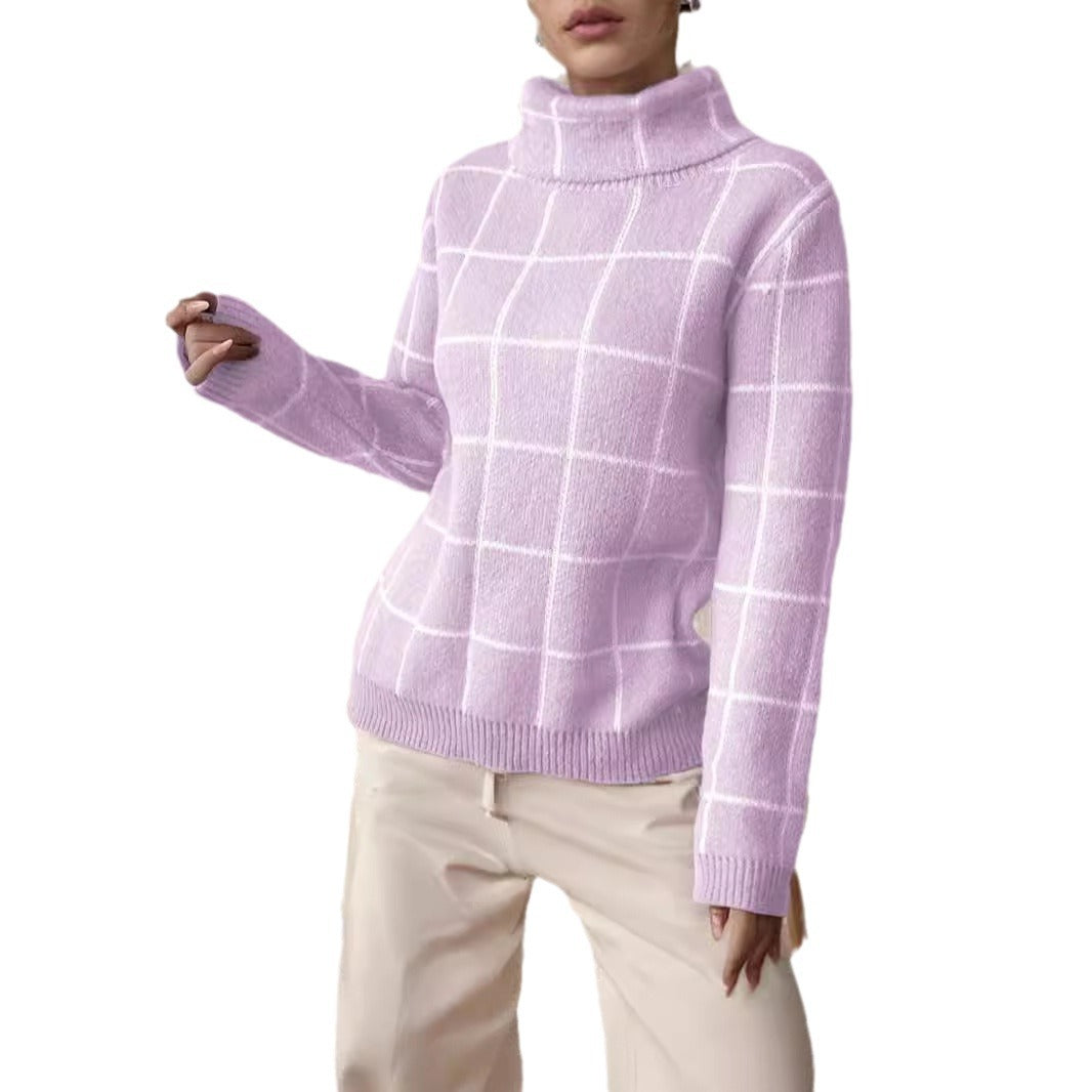 Damen Pullover Grobstrick Karomuster Hochkragen Beige