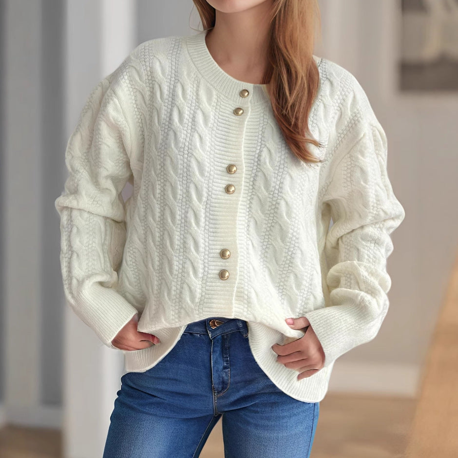 Damen Strickjacke Zopfmuster Perlenknöpfe Eveloria