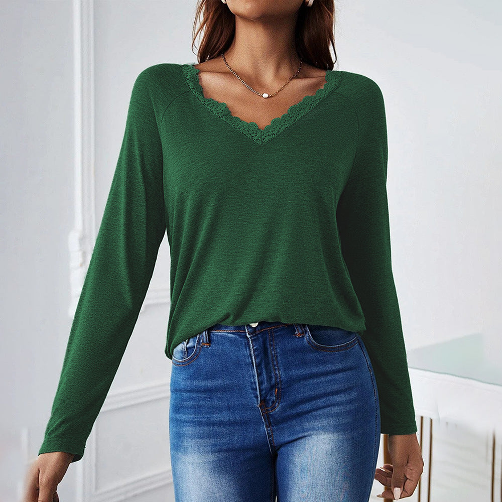 Damen Langarmshirt V-Ausschnitt Spitze Weiß - Eveloria