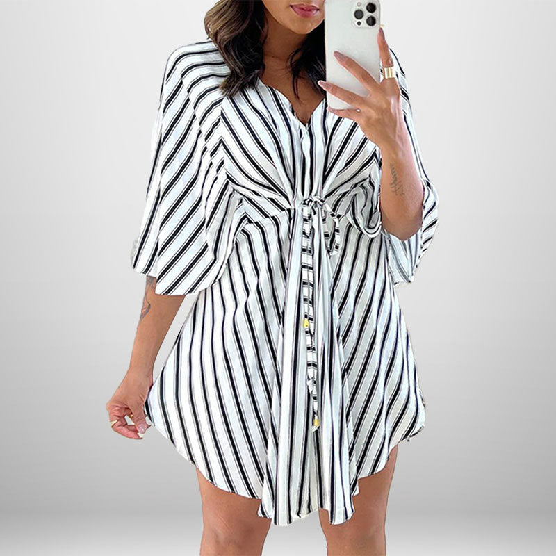 Damen Wickelkleid Asymmetrischer Saum Streifenmuster