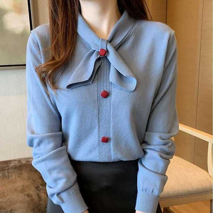Damen Bluse mit Schleifenkragen und Knopfdetails