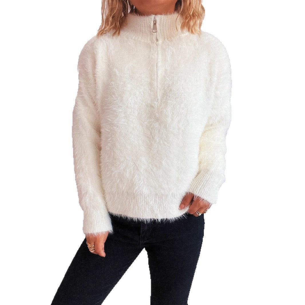 Damen Pullover Hohler Kragen Reißverschluss Kuschelig Grau Eveloria