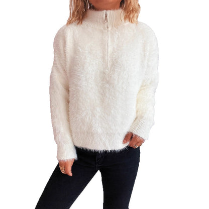 Damen Pullover Hohler Kragen Reißverschluss Kuschelig Grau Eveloria